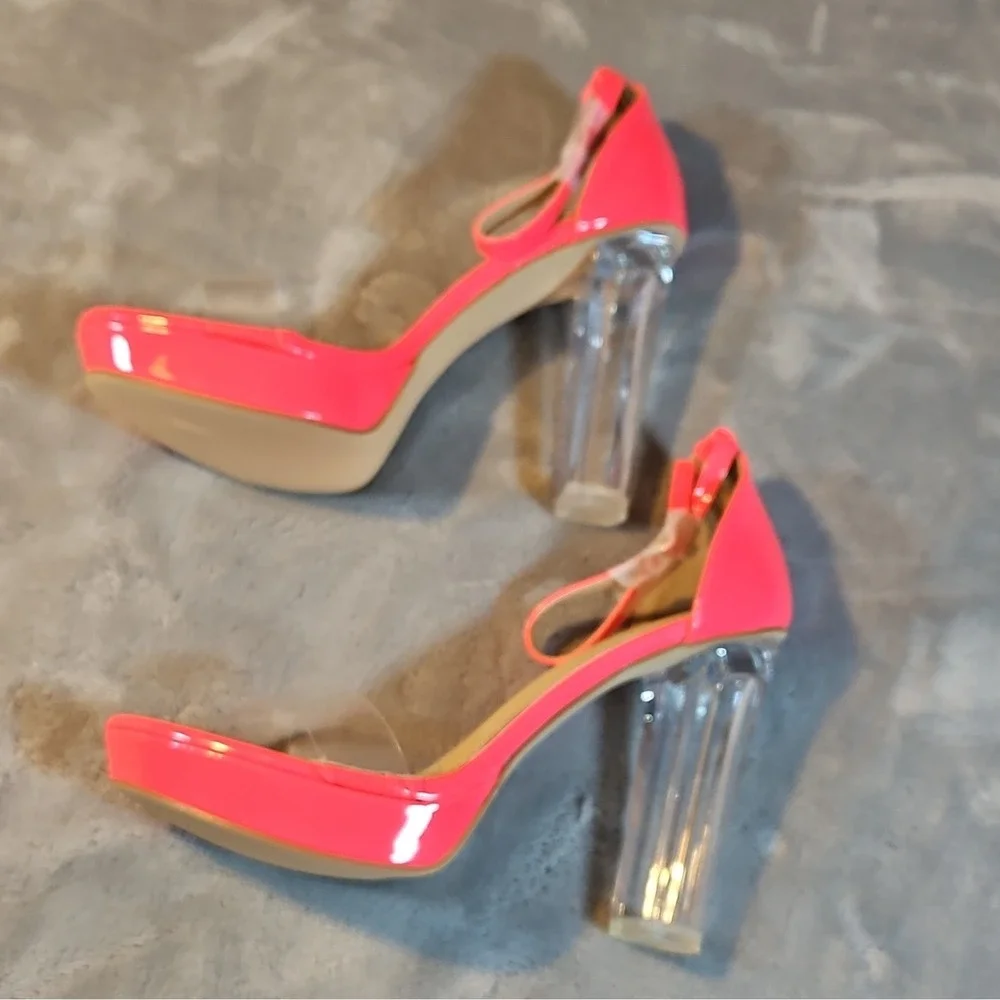 Kayleen Pink Clear Patent Strappy Block Heel Ankle Strap Open Toe Buckle 9